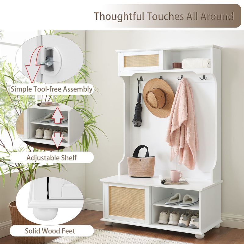 Clothes Hanger Hall Tree Storage Bench Shoe Rack For Entryway, Hall Tree With Bench And Shoe Storage, Hall Tree Entryway Bench With Rattan Door White, 40.16"W*18.58"D*64.17"H_voghion.com
