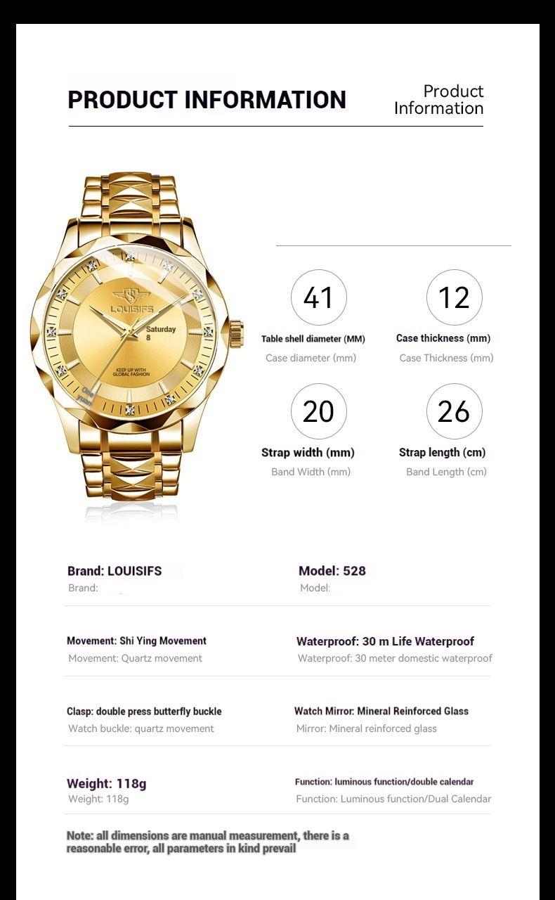 Men's Luxury Waterproof Luminous Quartz Watch With Moon Phase & Day Display, Stainless Steel Case & Band, Mineral Crystal Glass_voghion.com