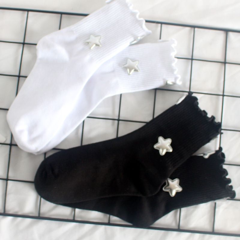 Socken Stern Einfarbige Damen-Mittelrohrsocken aus Holzohren Süße lange Socken Vier Jahreszeiten Studentensport-Baumwollsocken_voghion.com