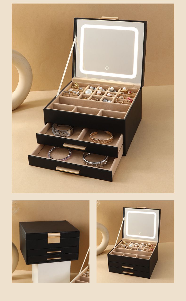 Csúcskategóriás fiókos ékszerdoboz LED-es világítással, sminktükörrel, PU, nagy kapacitású, háromrétegű fülbevaló, gyűrű, nyaklánc, ékszer_voghion.com