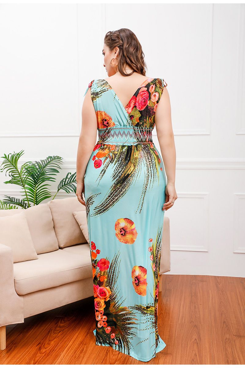Vestido de seda de hielo con estampado de talla grande para mujer, vestido largo bohemio con escote en V y tallas grandes_voghion.com