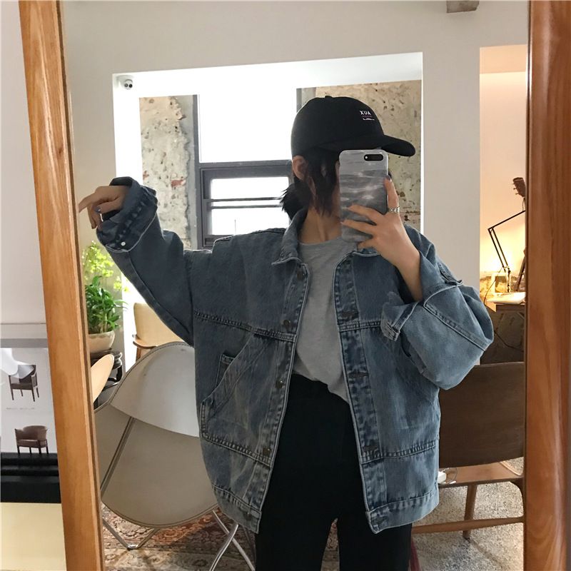 Giacca di jeans vintage da donna, cappotto casual oversize con collo alto, camicetta ampia a maniche lunghe, moda autunno inverno retrò chic_voghion.com