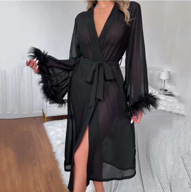 Men's Sleep Item Sexy Large Size Long Mesh Nightgown Simulation Feather Long Sleeve Ladies Home Clothes Pajamas_voghion.com