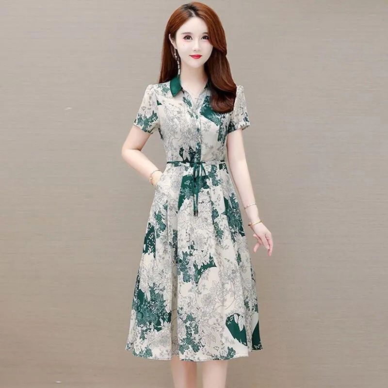 Fresh Korean Style Chic Printed Women's Fashion 2025 Summer New Waist-Cinching Slimming Tie A-Line Dress_voghion.com