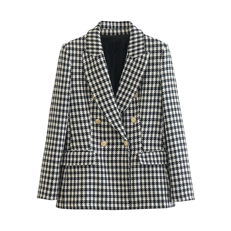 7292 Autumn New Women's Double-Breasted Blazer + Houndstooth Casual Shorts Set_voghion.com
