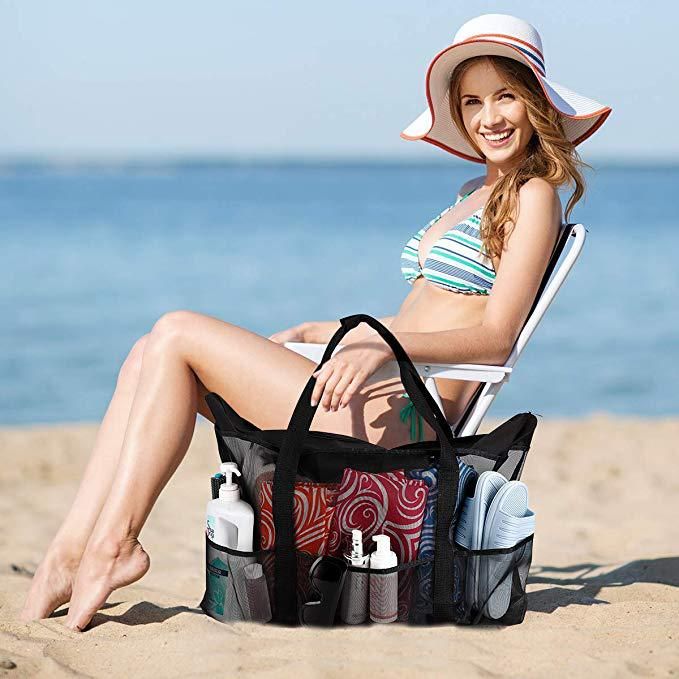 Geantă de plajă portabilă pentru cumpărături, geantă de plajă multifuncțională din PVC, capacitate mare, plasă de plajă_voghion.com