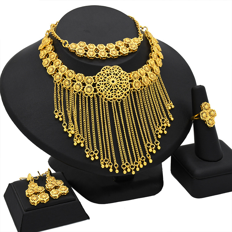 Dubai Gold Temperament Gold Quaste Halskette Ohrringe Armband Ring Schmuck Set Braut Hochzeit Schmuck Großhandel_voghion.com
