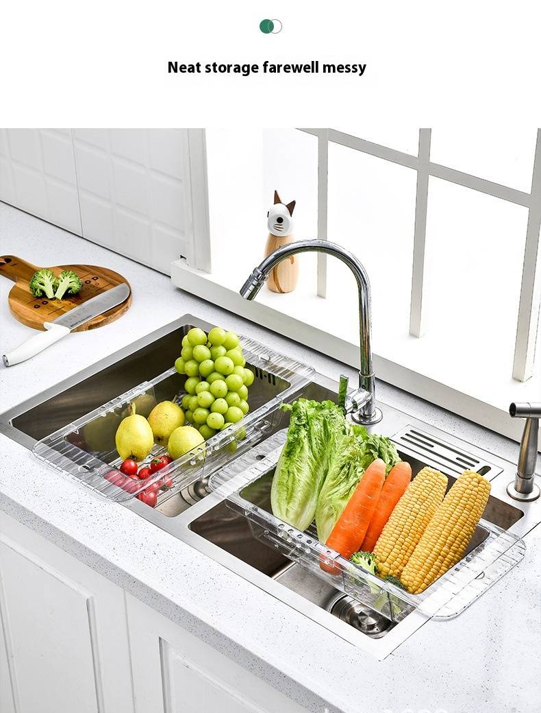 Adjustable Kitchen Sink Dish Drainer - Plastic Expandable Dish Rack With Utensil Holder & Water Tray (Space-Saving Design)_voghion.com