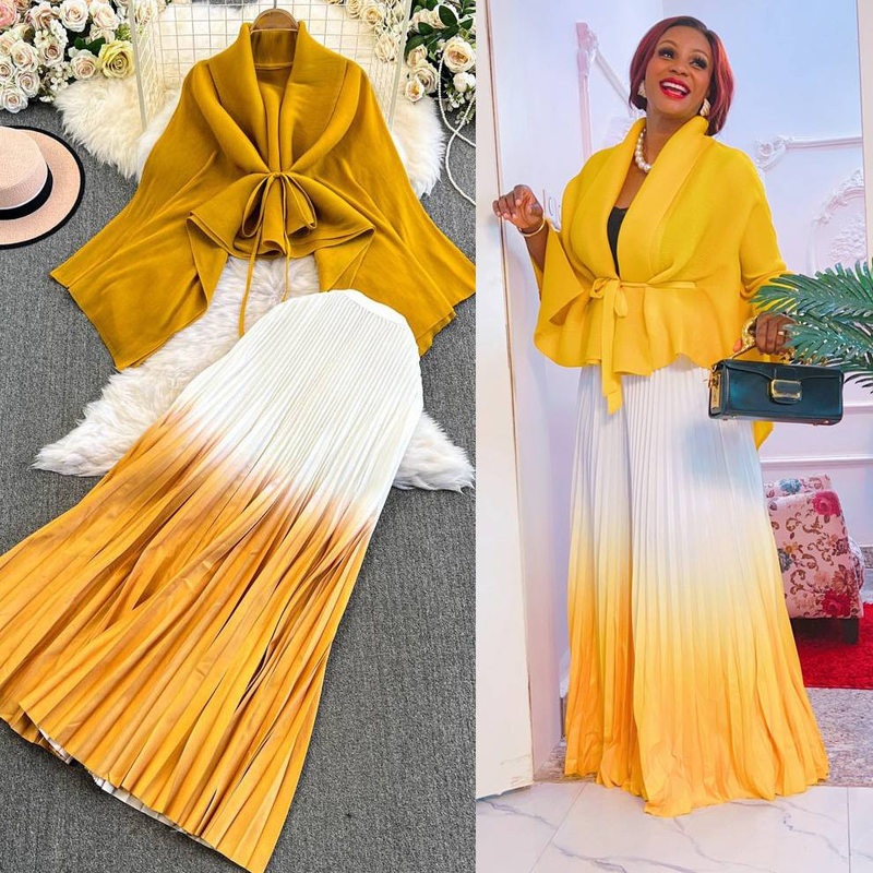 Ruffled Butterfly Sleeve Gradient Tie Cape Short Coat Top + Gradient Pleated Skirt Two-piece Suit_voghion.com