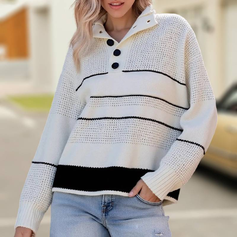 Pull rayé assorti pour femme, automne et hiver, col roulé, manches longues, boutons, tricot_voghion.com