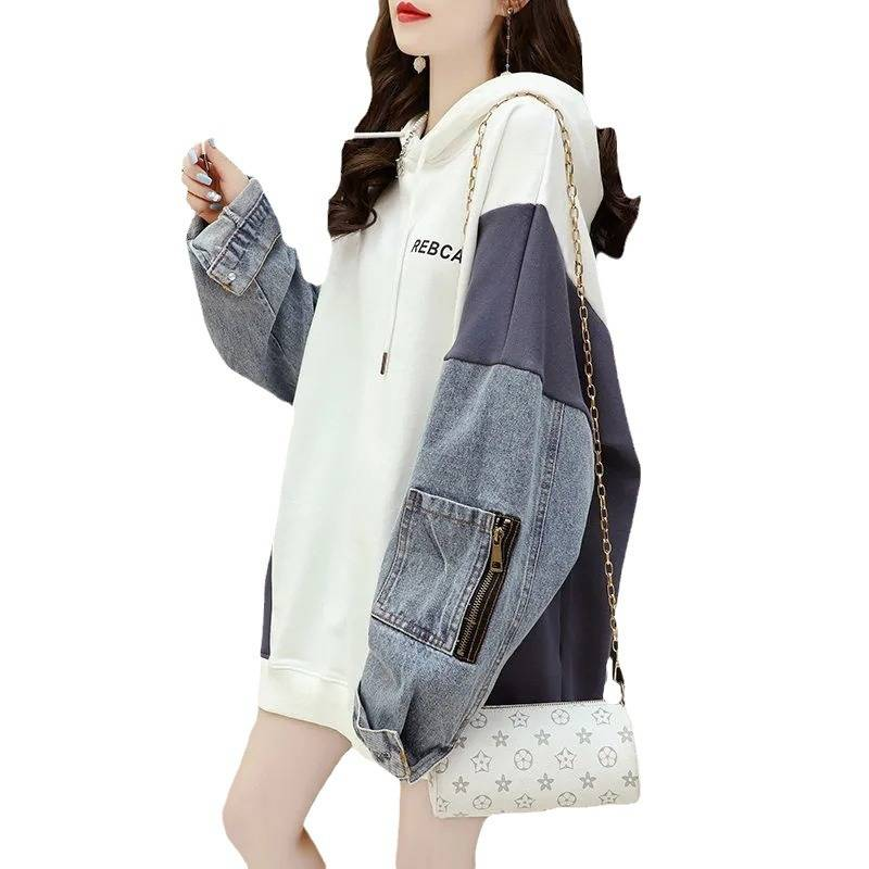 Damenbekleidung Übergroßer Denim-Patchwork-Hoodie – Gefälschter zweiteiliger Pullover im koreanischen Stil_voghion.com