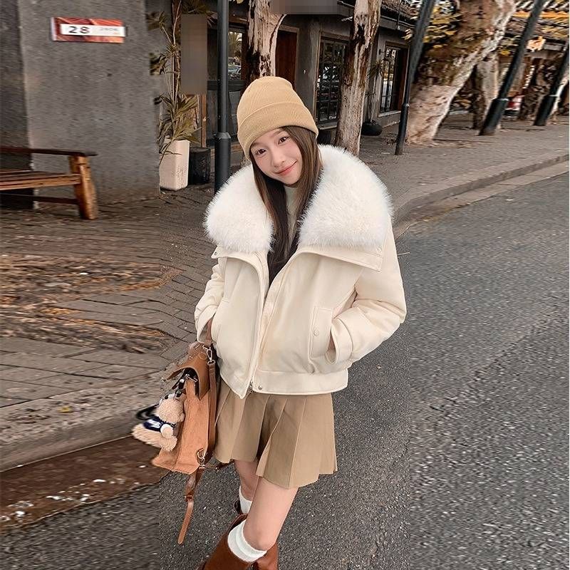 Kurze Pufferjacke aus PU für Damen mit abnehmbarem Kunstpelzkragen – kuscheliger Wintermantel mit Fleecefutter in mehreren Farben_voghion.com