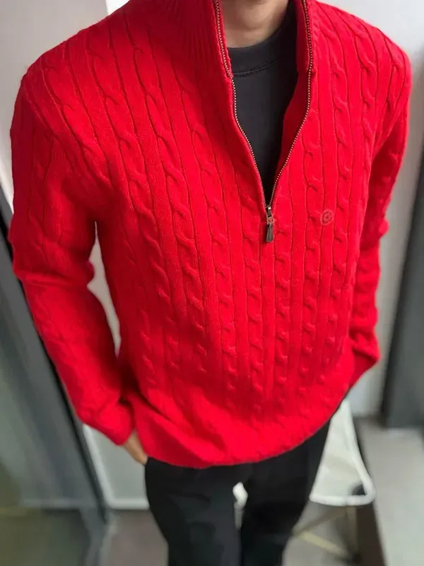 embroidered Pony Autumn And Winter Half Zip Men's Sweater Stand Collar Casual Couple Fried Dough Twists Top_voghion.com