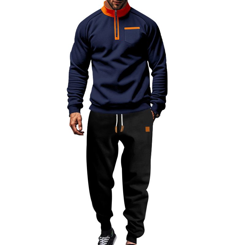 Tuta da uomo in pile con cerniera a un quarto, con cappuccio e pantaloni della tuta aderenti (bordeaux/nero/carbone/blu navy/grigio chiaro)_voghion.com