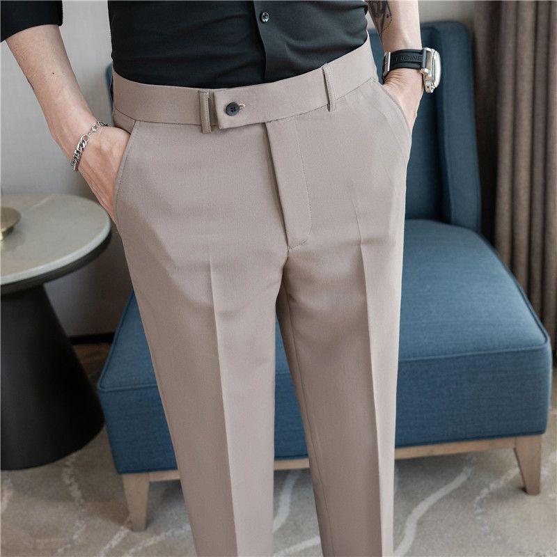 Summer new men's casual trousers, thin comfortable small straight nine-point trousers, elastic and drape on all sides, white trousers_voghion.com