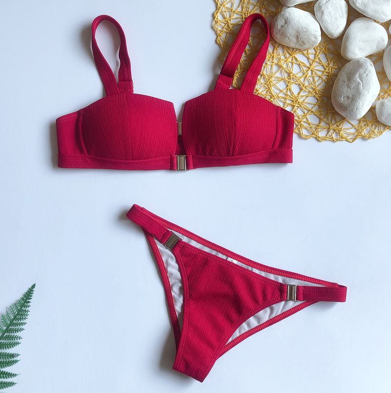 solid color bikini split women's swimsuit metal buckle swimsuit push-up foreign trade bikini_voghion.com