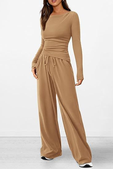 Trendy Asymmetrical Long Sleeve T-Shirt & Wide-Leg Pants Set - Fall Casual Outfit, Comfortable Polyester Blend, Multiple Colors & Sizes_voghion.com