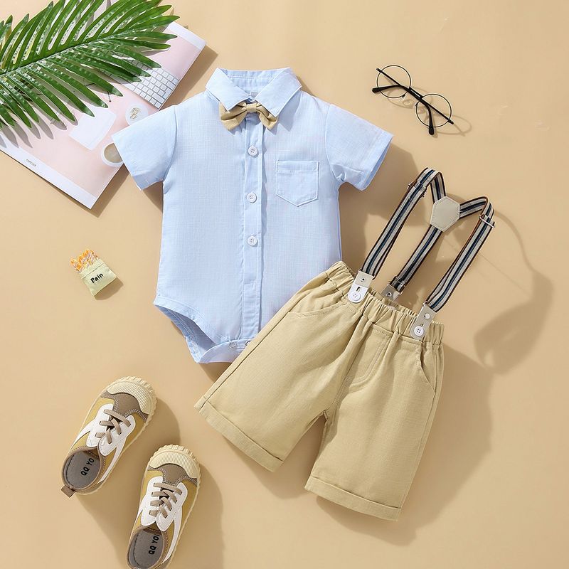 SAMGAMI BABY Ensemble trois pièces pour garçon, version coréenne, barboteuse à manches courtes, gilet et chapeau, blanc, nœud papillon, bretelles_voghion.com