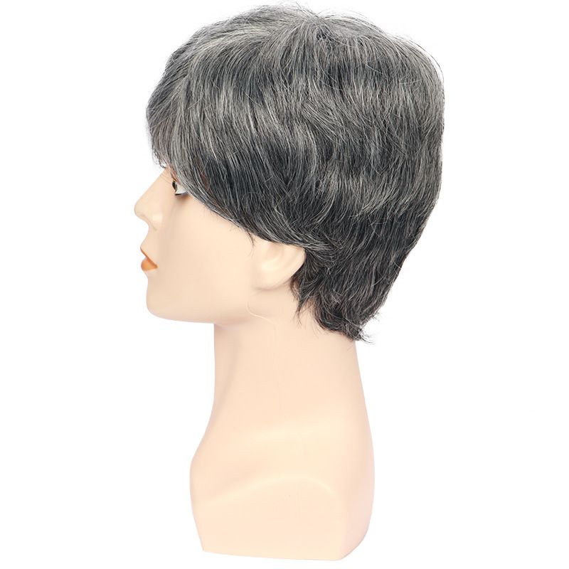 Synthetic Clip-in Men's Gray Side Parted Short Straight Hair Chemical Fiber Headpiece Multi Layered Natural Wig_voghion.com