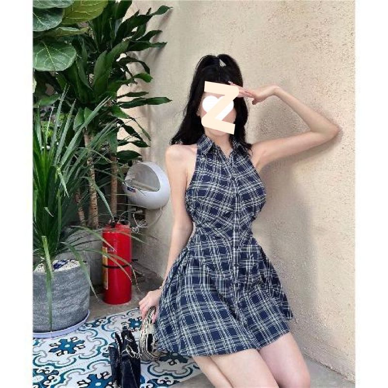 Französischer Nischen-Polokragen, ärmelloser V-Ausschnitt, Slip, Sommer, neues taillenformendes, schlankmachendes Hemdkleid-Set für heiße Mädchen_voghion.com