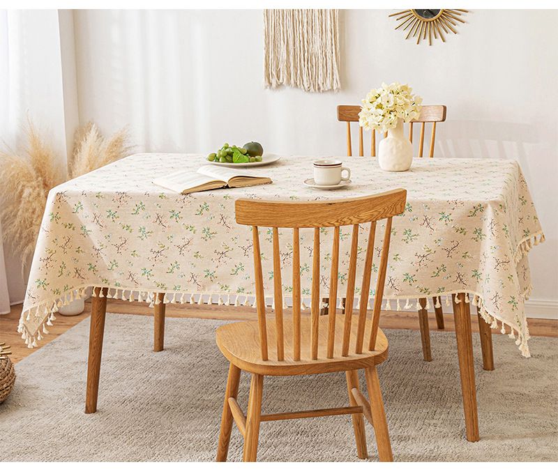 Fresh Floral Cotton and Linen Tablecloth - Pastoral Style with Tassels for Dining and Coffee Tables_voghion.com