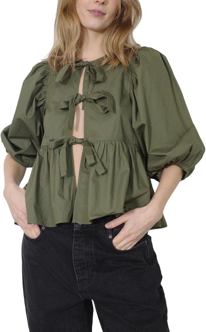 Women's Clothing Tie Front Top Leopard Print Ruffle Babydoll Top 3/4 Length Puff Sleeves_voghion.com