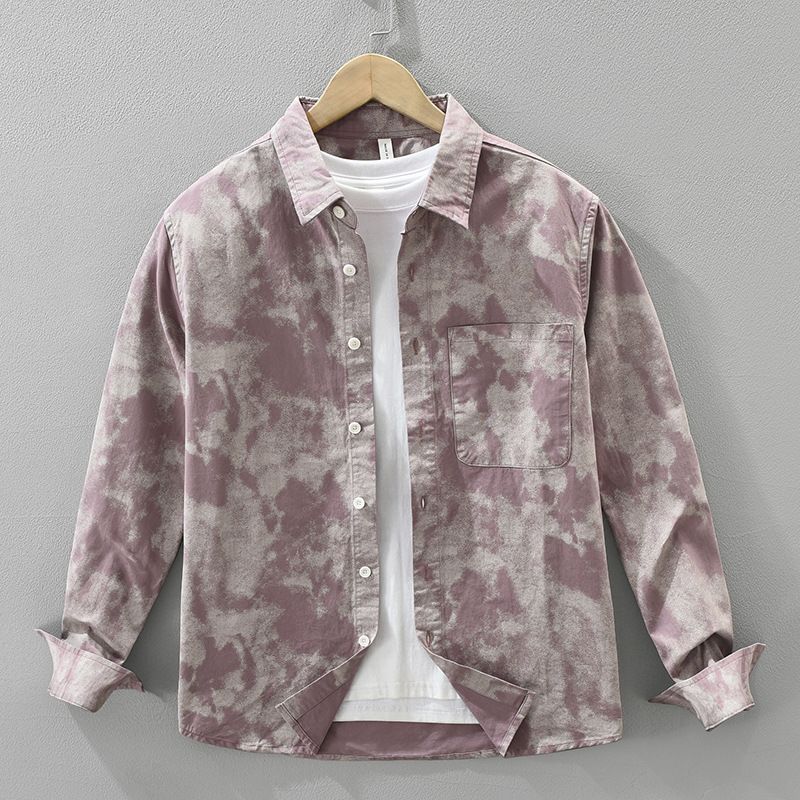 Camicia a maniche lunghe alla moda con effetto tie-dye per uomo, alla moda e versatile, top ampio e casual._voghion.com