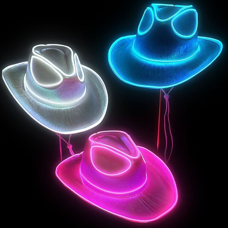 Chapeau de cowboy coloré à lumière froide pour Halloween, chapeau de cowboy rose à lumière froide, chapeau de cowboy sans fil à LED_voghion.com