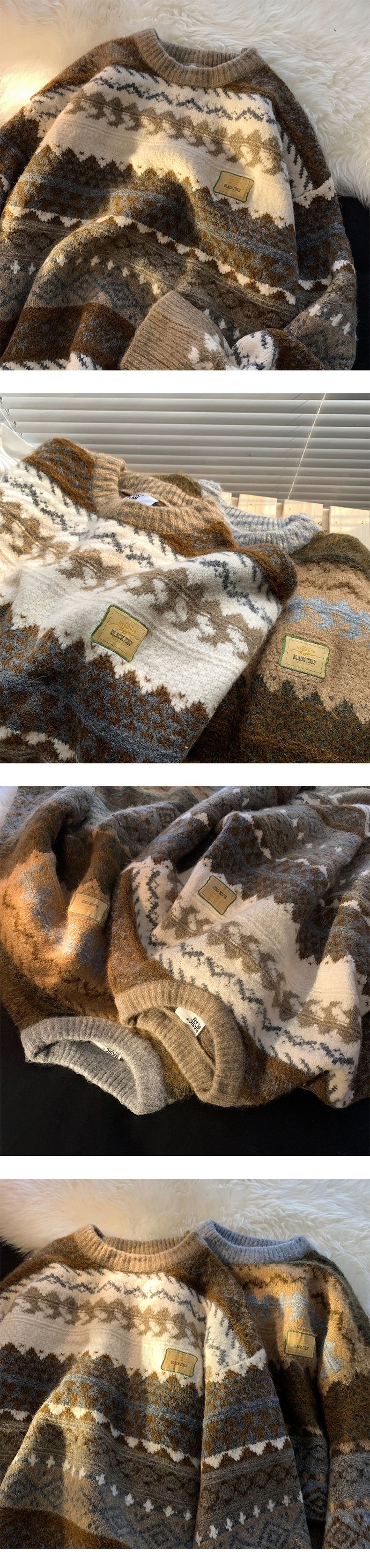 Loose Fit Knit Sweater - Vintage Winter Pullover For Men, Oversized Casual Crewneck With Jacquard Pattern_voghion.com