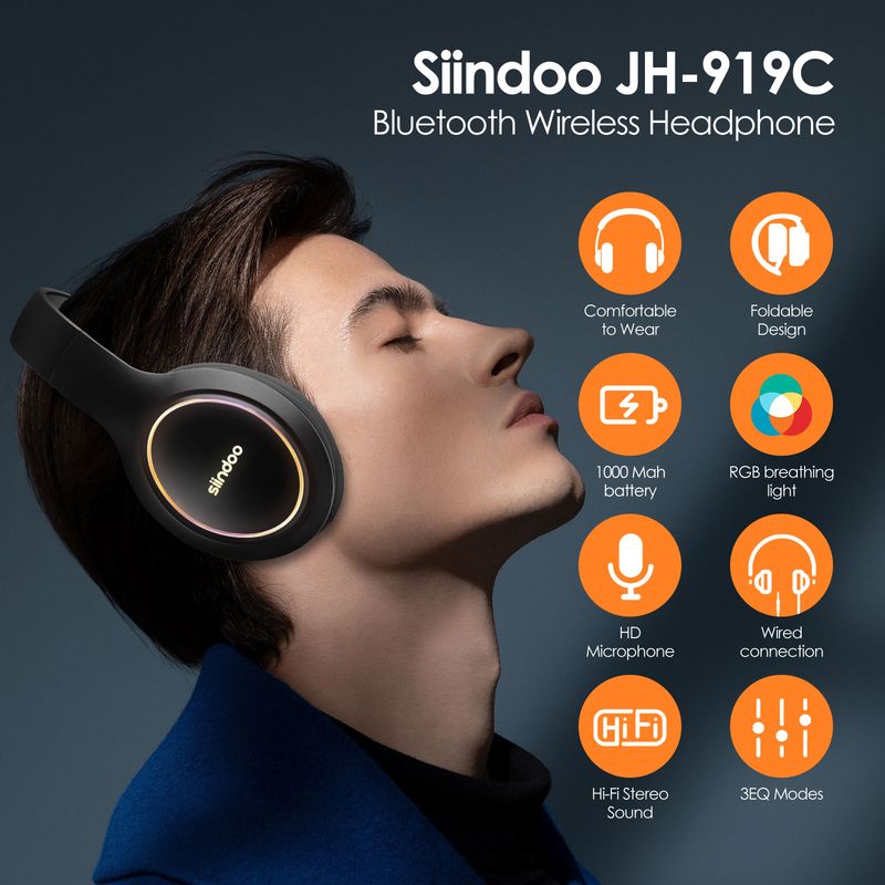 Casque sans fil pliable Siindoo RGB Lamp JH-919C, écouteurs stéréo Bluetooth, 3 modes sonores EQ, basses profondes Hi-Fi_voghion.com