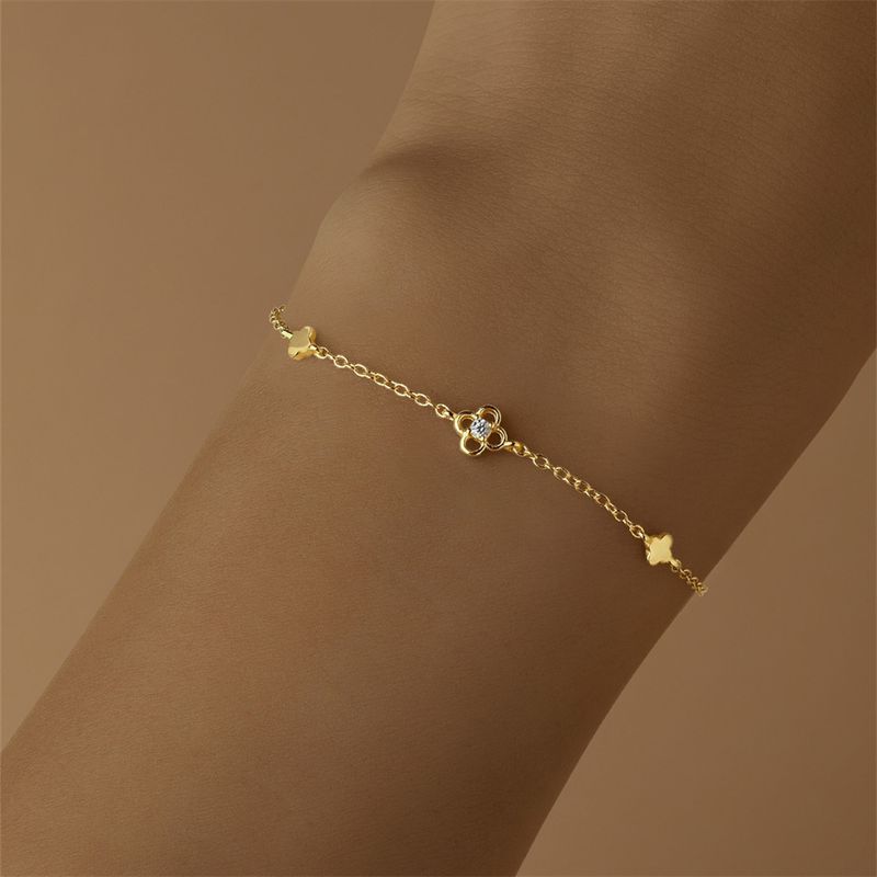 S Pure Sier Gold-plated Simple Plain Smooth Flower Clover Bracelet, Women's Temperament Bracelet_voghion.com