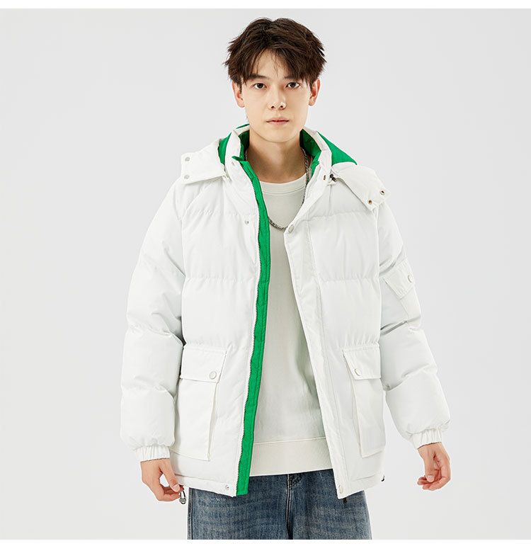Winter-Pufferjacke mit Kapuze für Herren – leichter, warmer Mantel mit Reißverschluss, schmale Passform, Polyesterfüllung, erhältlich in Weiß/Schwarz/Grün_voghion.com