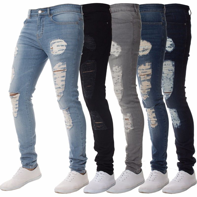 Jeans décontractés pour hommes, coupe slim, déchirés et personnalisés, pour le commerce transfrontalier, élégants et polyvalents_voghion.com