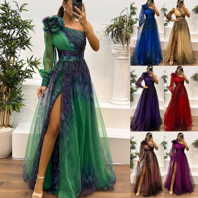 Vêtements pour femmes printemps et automne nouvelle robe imprimée en maille à épaules obliques Ins robe de soirée ample décontractée_voghion.com