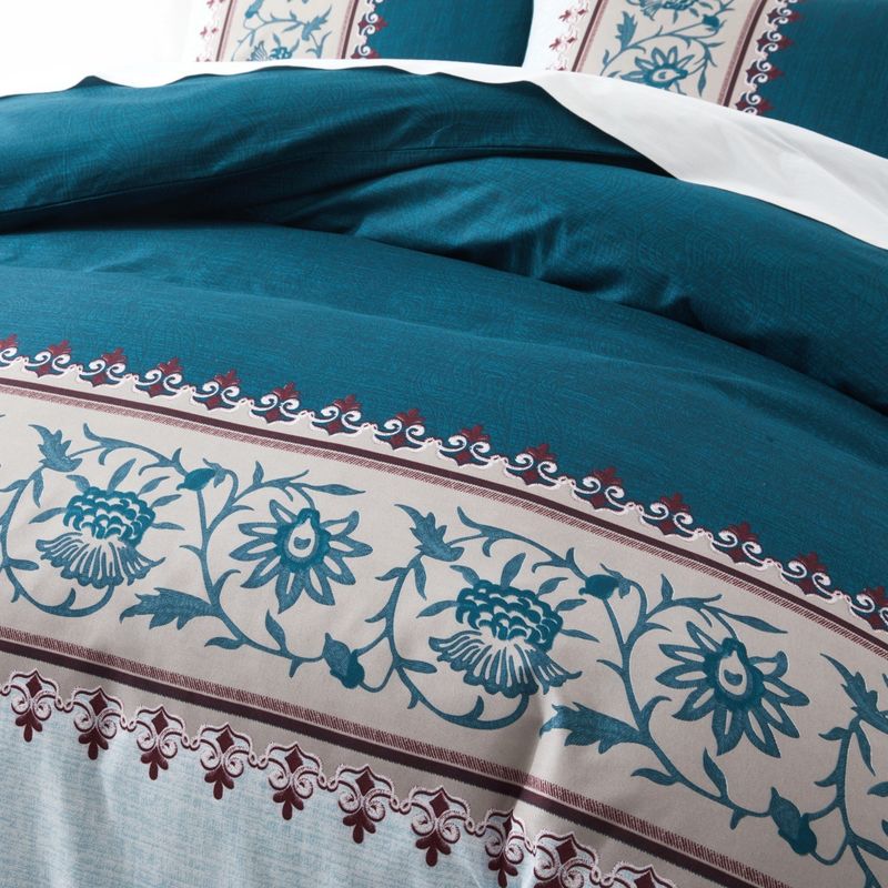 Bettbezug mit Blumenmuster im Bohemian-Stil, dreiteiliges Set aus weichem Polyester – gewalkte Samtstruktur_voghion.com