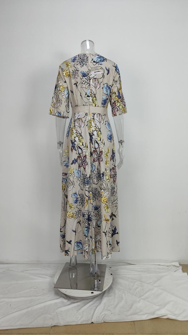 Abito a maniche lunghe con scollo a V stampato, vestibilità attillata, elegante e attillato, da donna, primavera 2025_voghion.com