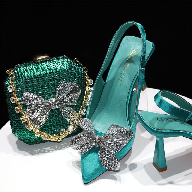 Set di scarpe e borse da donna, taglie forti, con punta a punta, scarpe da donna, tacco sottile, strass, testa di fiore, set di scarpe e borse_voghion.com