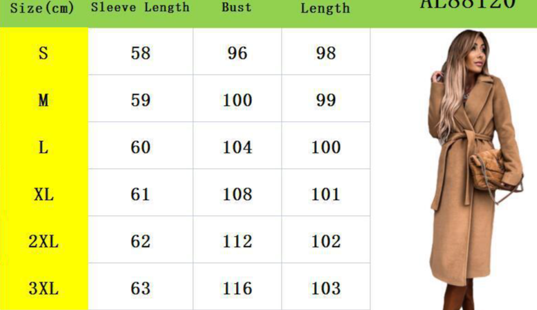 Damen-Trenchcoat aus Wolle mit einfarbigem Revers und langen Ärmeln und schlichter Schnürung_voghion.com