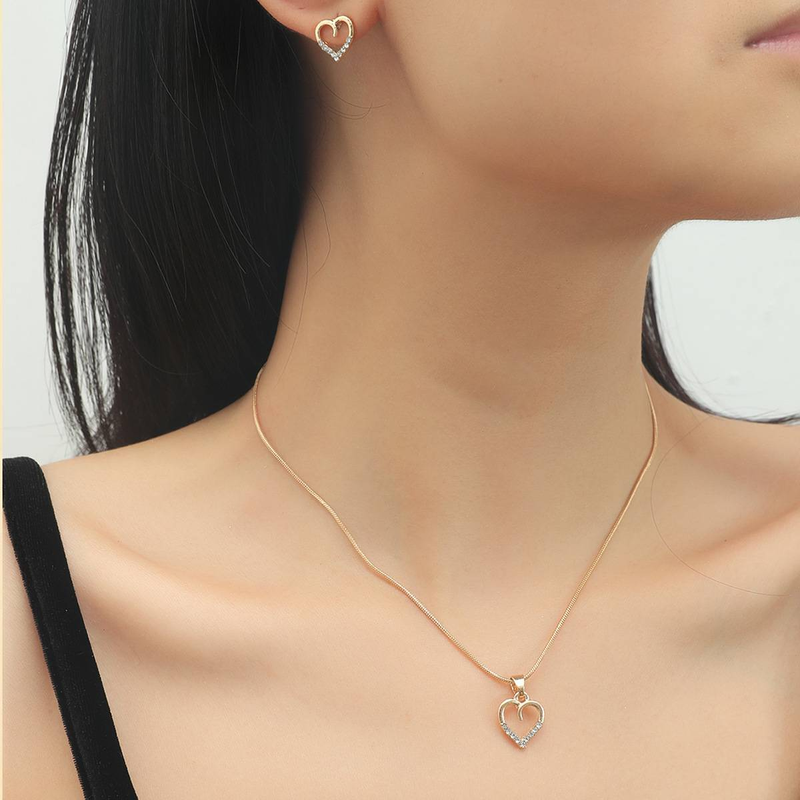 2 PCs Love Necklace Earring Set Minimalist Metal Zircon Peach Heart Sweater Chain _voghion.com