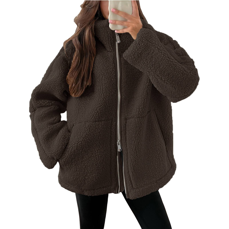 Winter Chic Mädchen Lamm Fleece Damen Kurze Jacke Reißverschluss Langarm Tasche Warmer Mantel Mode High Street Weibliche Oberbekleidung_voghion.com