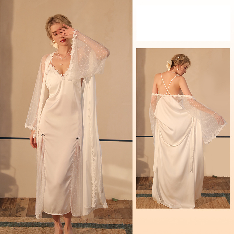 Men's Sleep & Lounge new sexy nightdress with breast pads and long bathrobe pajamas female long sleeved satin home clothes suit_voghion.com