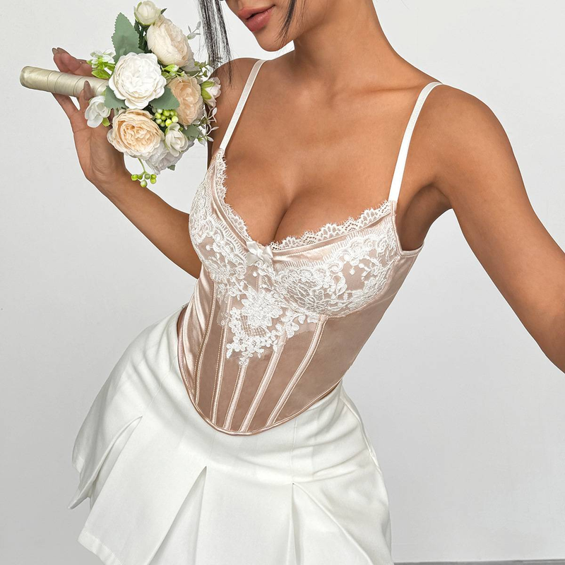 Top con ferretto e schiena a rombi in raso altamente elasticizzato con pizzo e ricami in rete da donna - Beige (S/M/L)_voghion.com