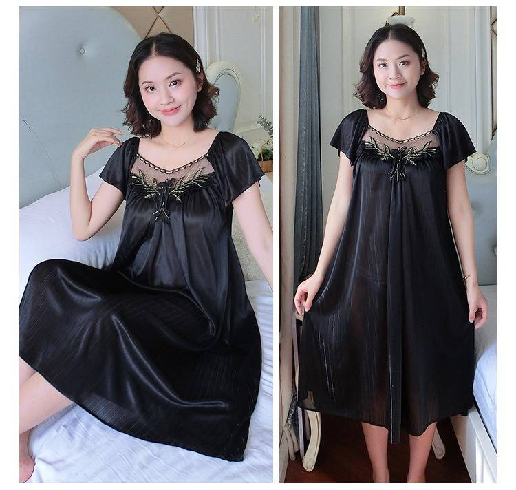 Women Ice Silk Sleepwear Set Nightdress Homewear Nightwear Pyjamas Female Lace Sleepwear V-neck Nightgown Plus Size_voghion.com