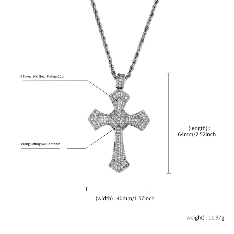 Men And Women's Jewelry Hip Hop Cross Pendant Necklace With Cubic Zirconia, Trendy Unisex Fashion Accessory, 24-Inch Twisted Chain In Gold Or Silver_voghion.com