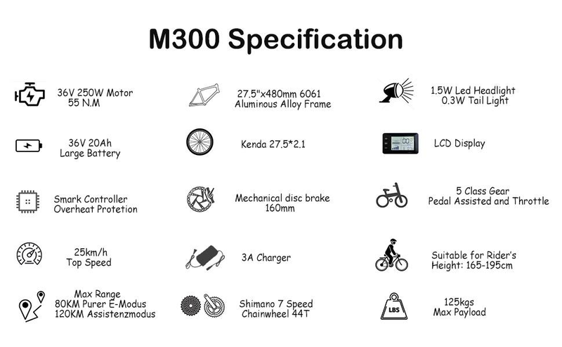 VTT électrique TTGO M300 27,5 pouces, moteur 250 W, autonomie 120 km, capteur de couple, assistance au pédalage, Shimano 7 vitesses, freins à disque mécaniques, pour l'extérieur_voghion.com