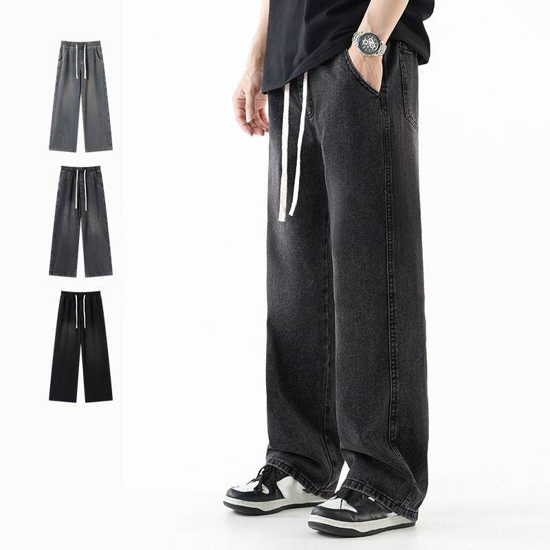 Lässige Jeans mit Kordelzug – Relaxed Fit, High-Stretch Washed Denim für Herren (S-4XL, Stonewash Blau/Schwarz/Grau, trocknergeeignet)_voghion.com