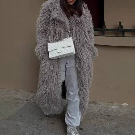 Abrigo largo de felpa para mujer, chaqueta cálida de invierno de piel sintética gris, elegante prenda exterior para ocasiones sociales de otoño e invierno._voghion.com