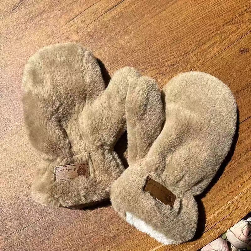 Guanti invernali in lana d'agnello con stampa a forma di orso e scaldacollo per ciclismo, foderati in pile, spessi, caldi, resistenti al freddo_voghion.com