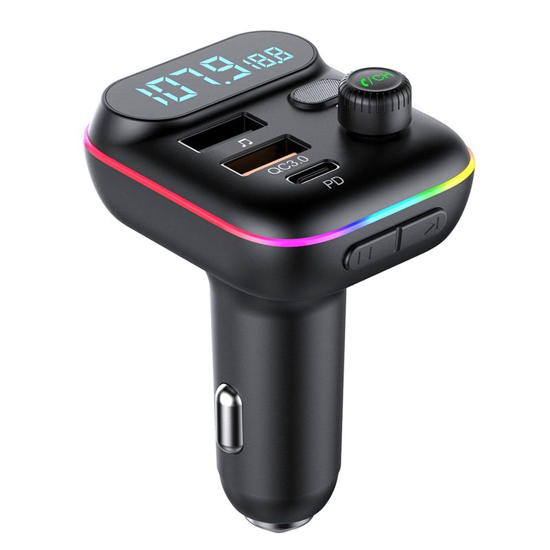 Car Fast Bluetooth 5.0 FM Transmitter PD Dual Player Music Type-C Colorful Ambient MP3 Light Cigarette Lighter USB C0E3_voghion.com