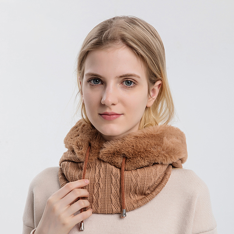Winter Fur Cap Mask Set Hooded For Women Knitted Thick Plush Fluffy Beanies Cashmere Neck Warm Outdoor Ski_voghion.com